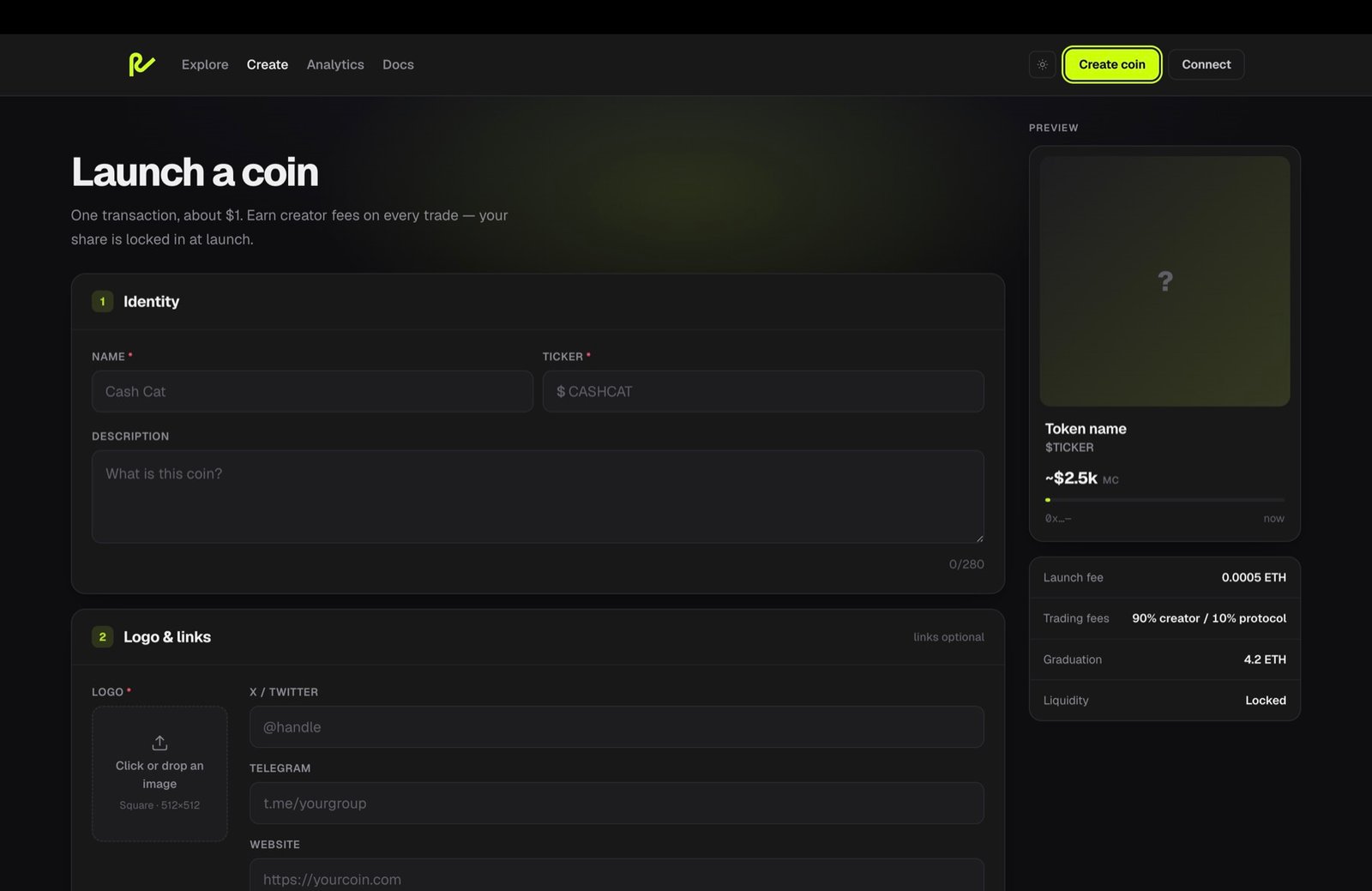 Recurve create page: launch a coin with a live preview card and fixed launch economics