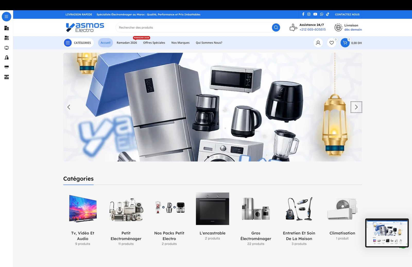 Yasmos Electro storefront: mega-menu, hero slider and category grid